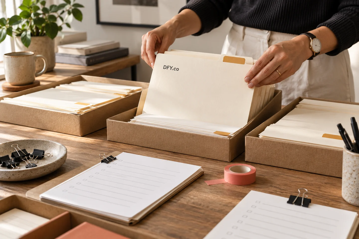 DFY.co operations folders prepared on a studio desk
