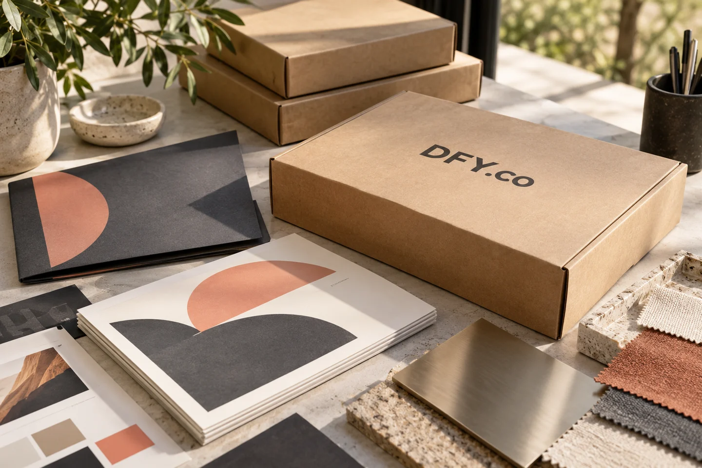 DFY.co brand materials and finished packaging on a warm wood surface